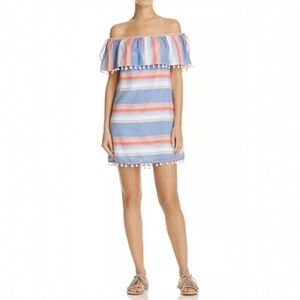 Saylor Angie Stripe Off Shoulder Pom Pom Mini Dress Blue Small Coastal Nautical